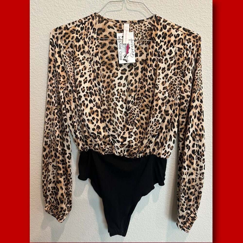 LOVESONG Bodysuit Leopard Print Silk Surplice Wrap Long Sleeve size Small